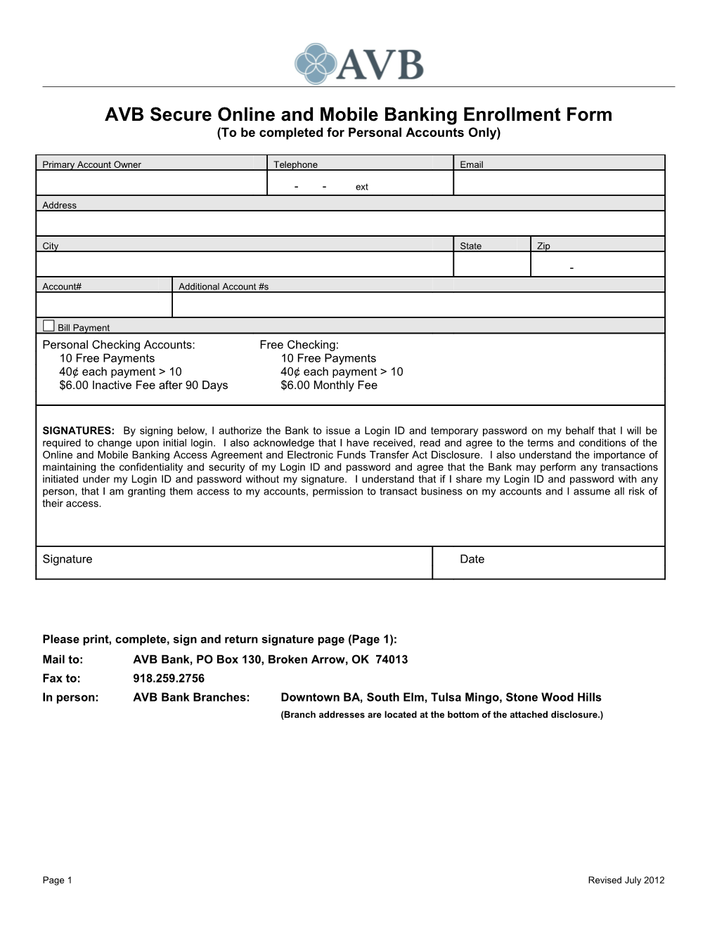 AVB Secure Online Banking Enrollment Form