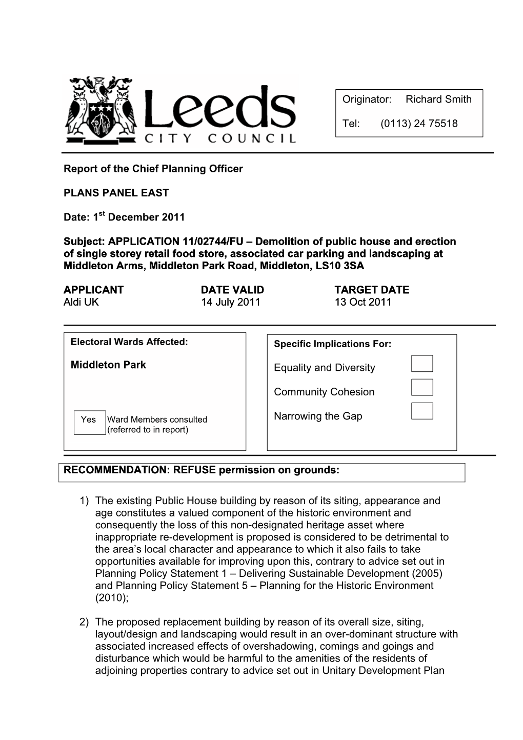 Report of the Chief Planning Officer PLANS PANEL EAST Date