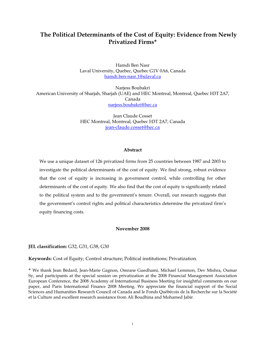 The Political Determinants of the Cost of Equity: Evidence from Newly Privatized Firms*