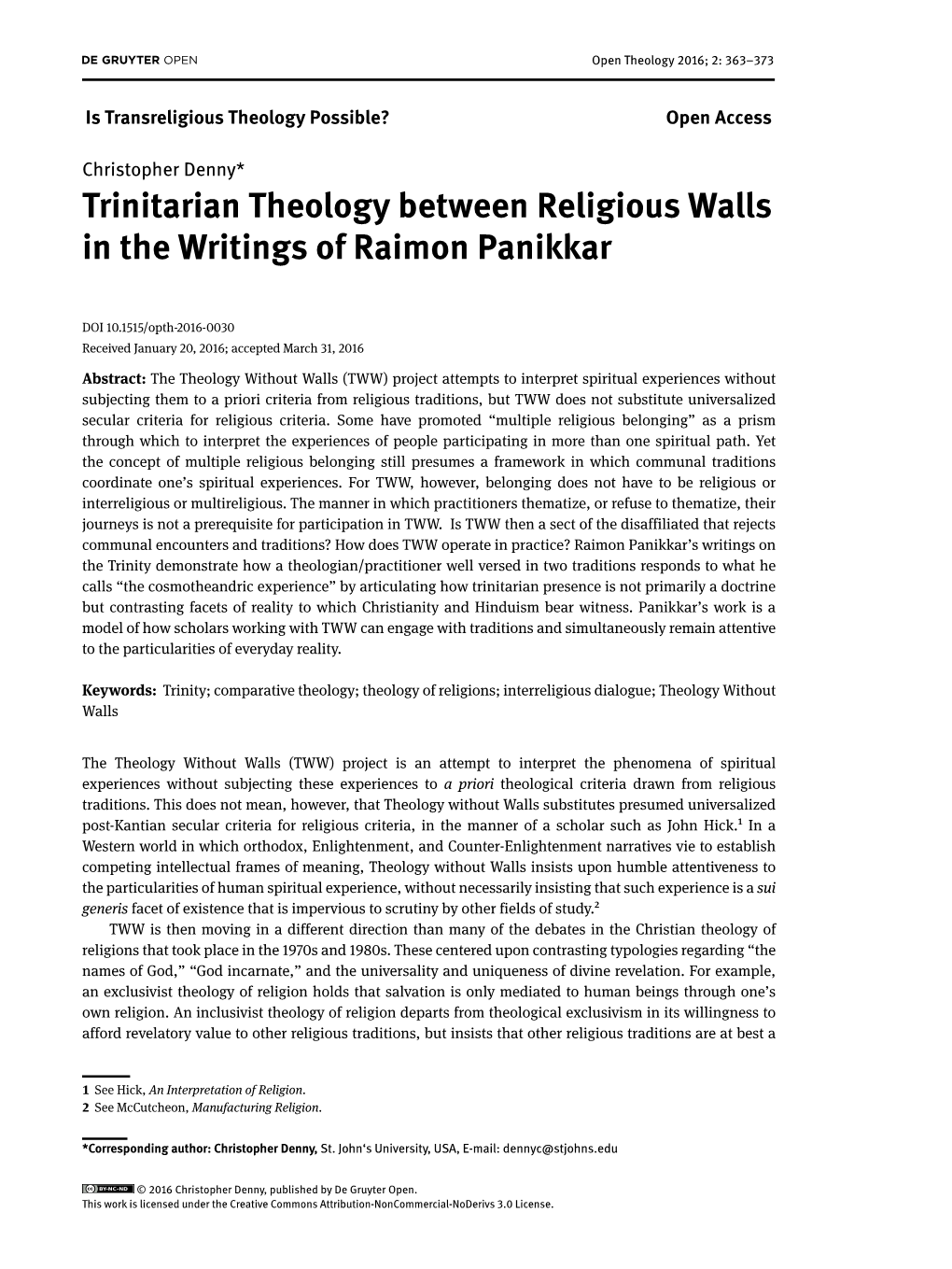 Trinitarian Theology Between Religious Walls in the Writings of Raimon Panikkar