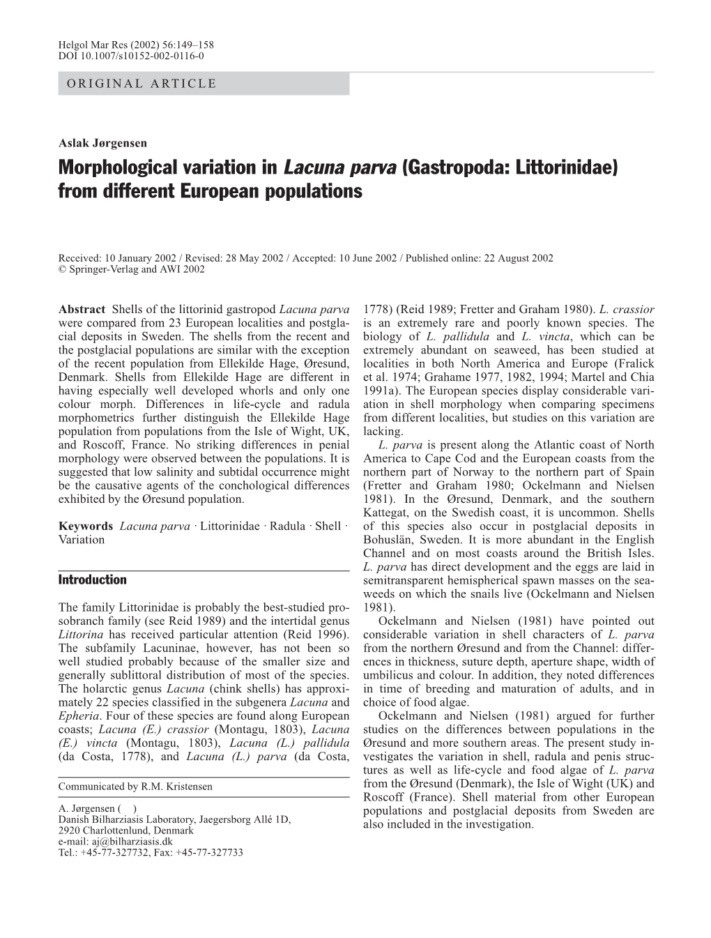 Morphological Variation in Lacuna Parva (Gastropoda: Littorinidae) from Different European Populations