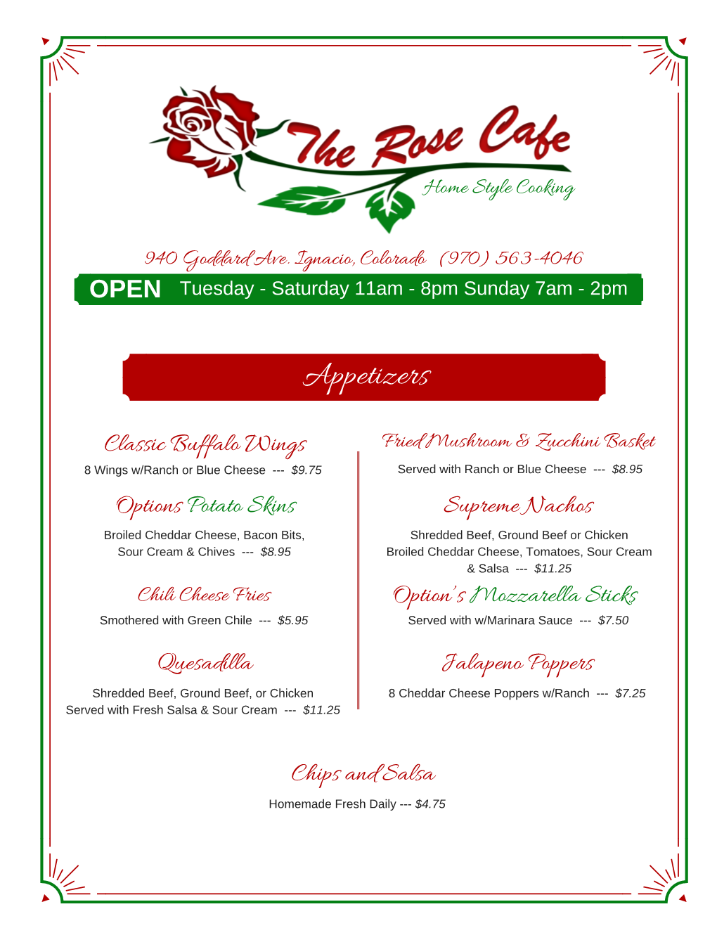 The Rose Cafe Menu