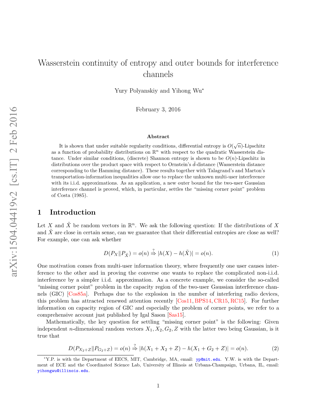 Wasserstein Continuity of Entropy and Outer Bounds for Interference