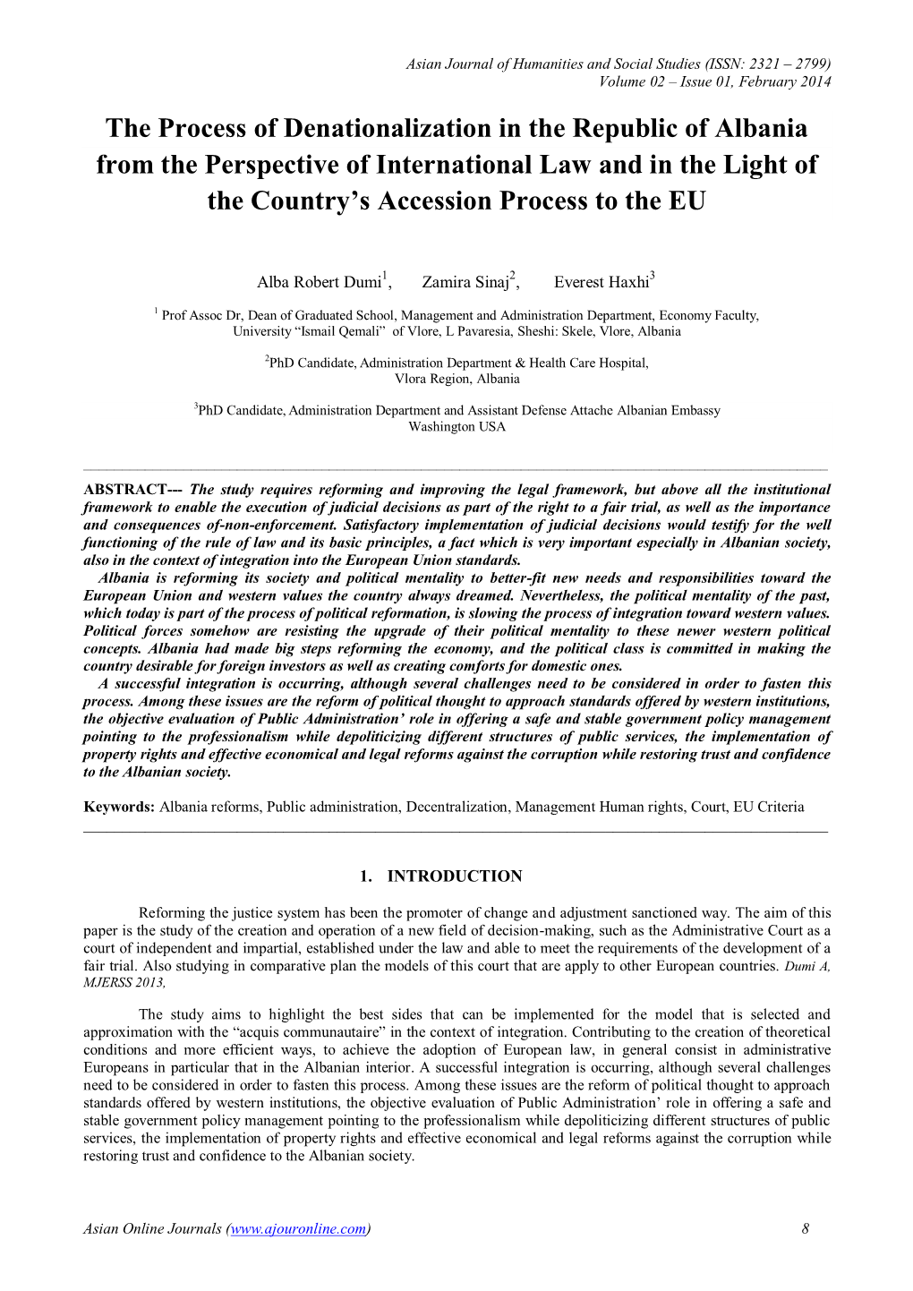 The Process of Denationalization in the Republic of Albania from the Perspective of International Law and in the Light of the Country’S Accession Process to the EU