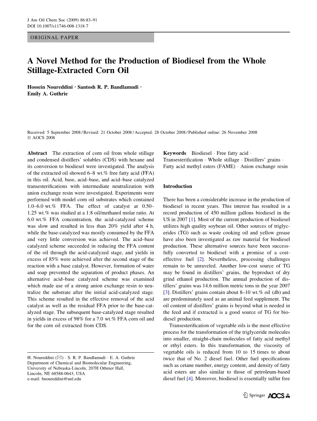 A Novel Method for the Production of Biodiesel from the Whole Stillage-Extracted Corn Oil