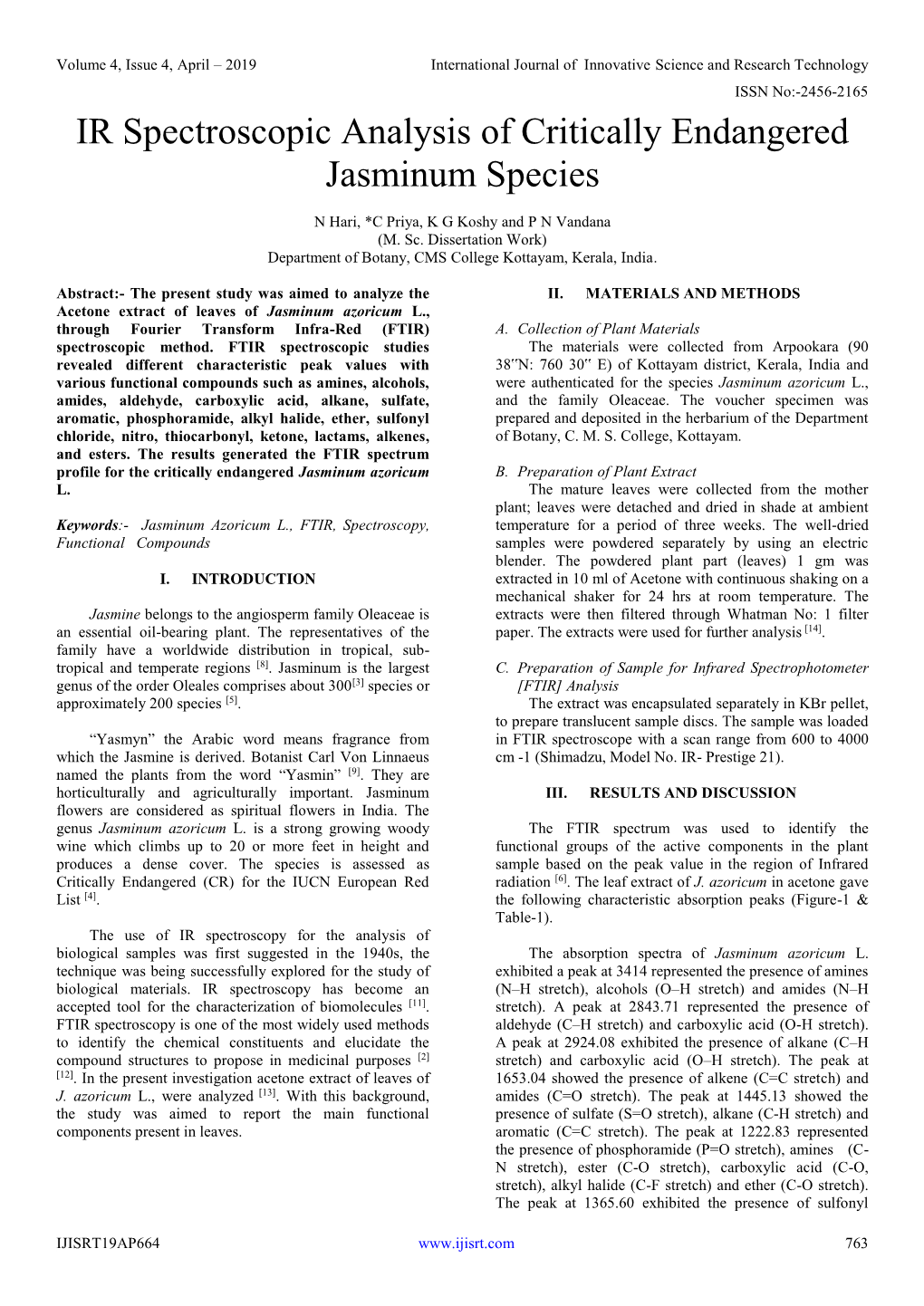 IR Spectroscopic Analysis of Critically Endangered Jasminum Species