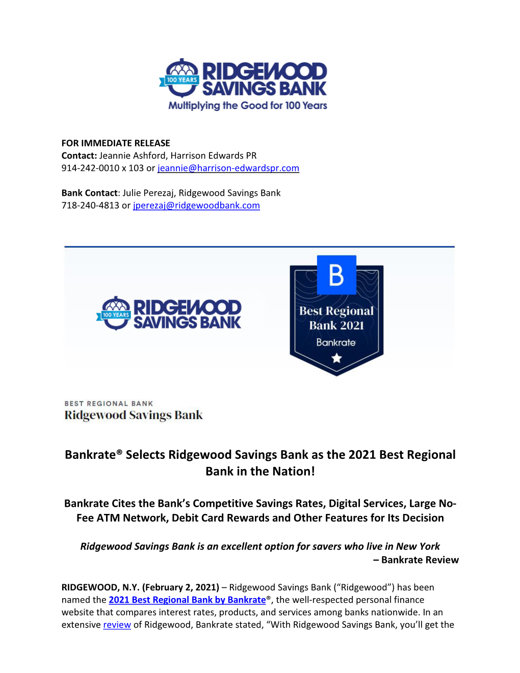 Bankrate® Selects Ridgewood Savings Bank As the 2021 Best Regional Bank in the Nation!