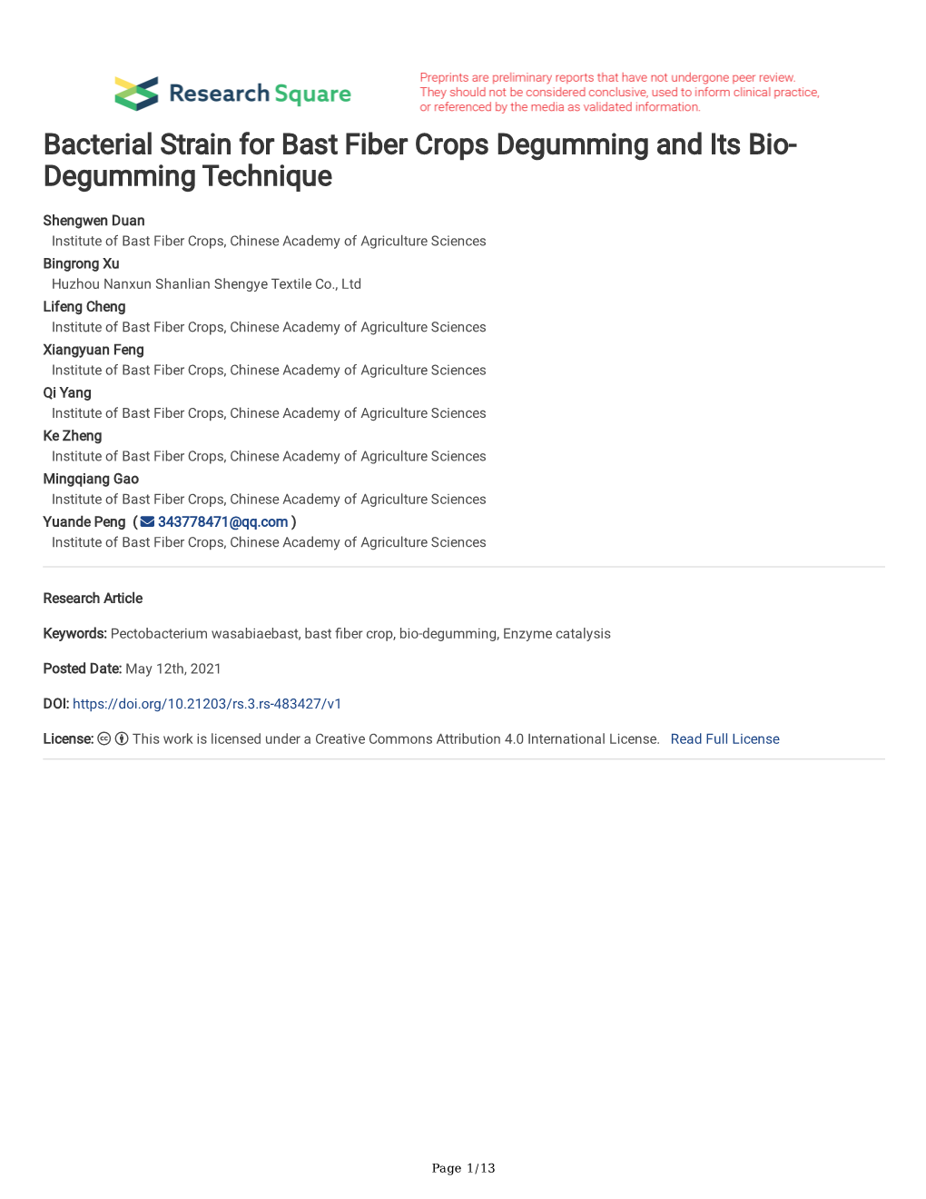 Bacterial Strain for Bast Fiber Crops Degumming and Its Bio- Degumming Technique