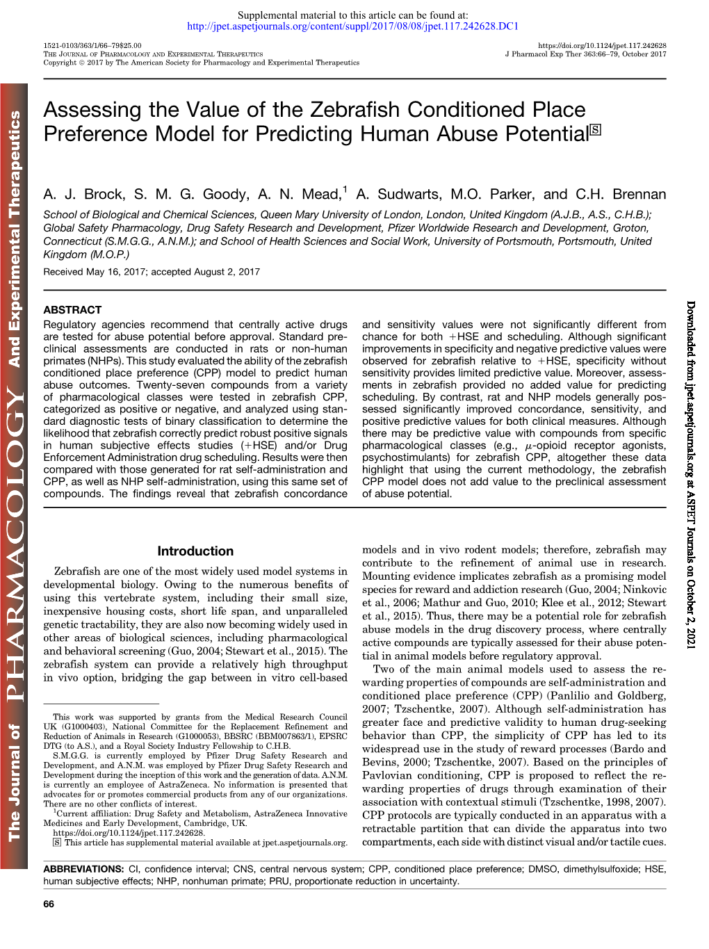 Assessing the Value of the Zebrafish Conditioned Place Preference Model for Predicting Human Abuse Potential S