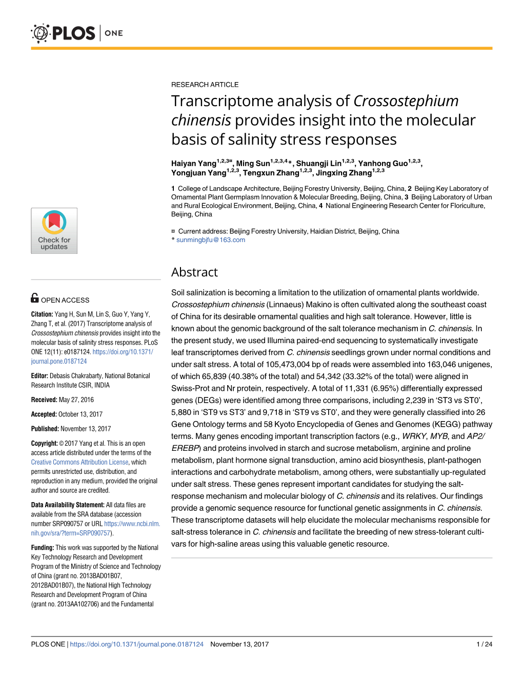 Transcriptome Analysis of Crossostephium Chinensis Provides Insight Into the Molecular Basis of Salinity Stress Responses