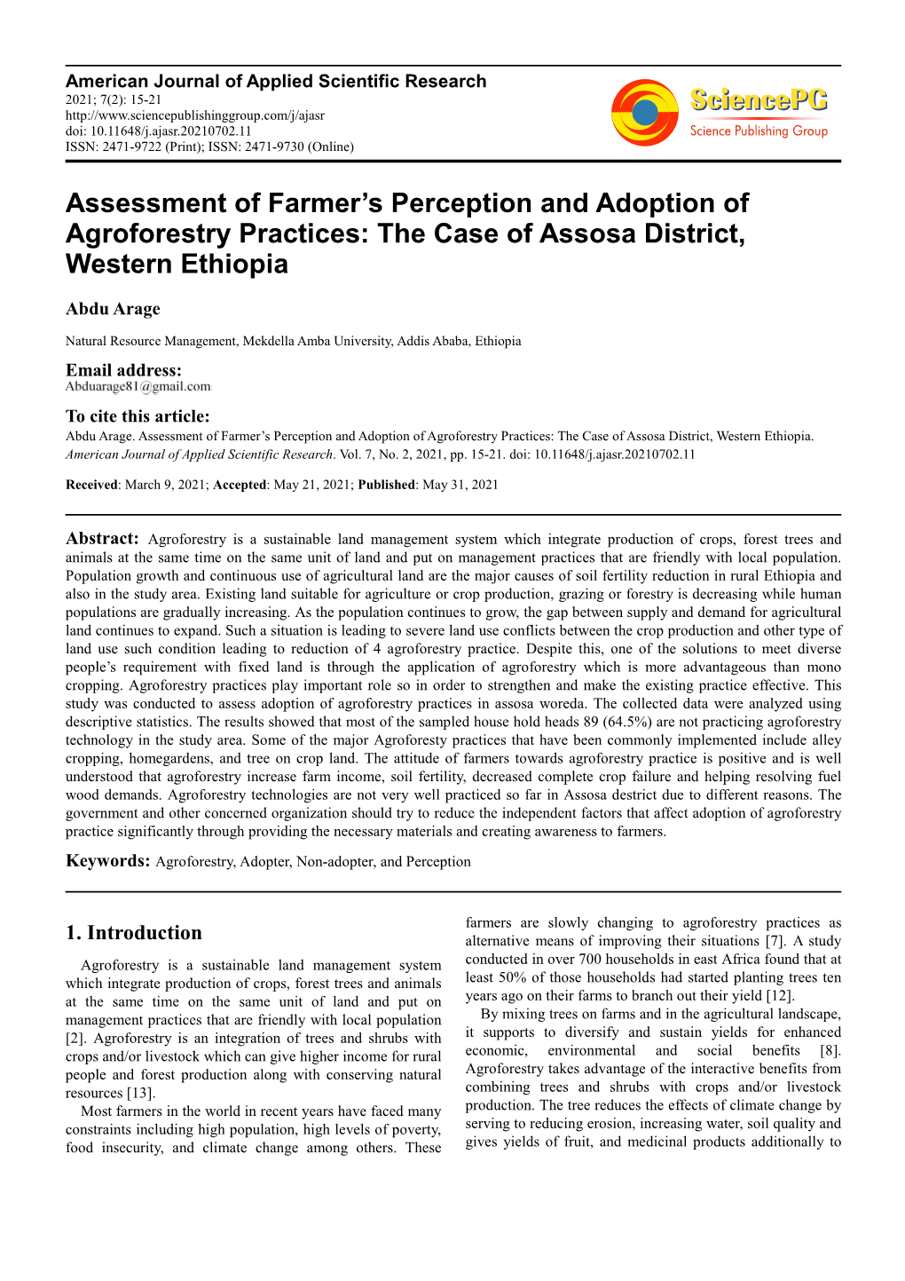 Assessment of Farmer's Perception and Adoption of Agroforestry Practices