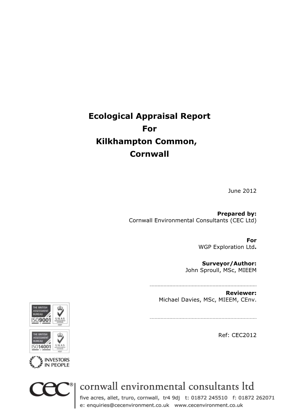 Ecological Appraisal Report for Kilkhampton Common, Cornwall