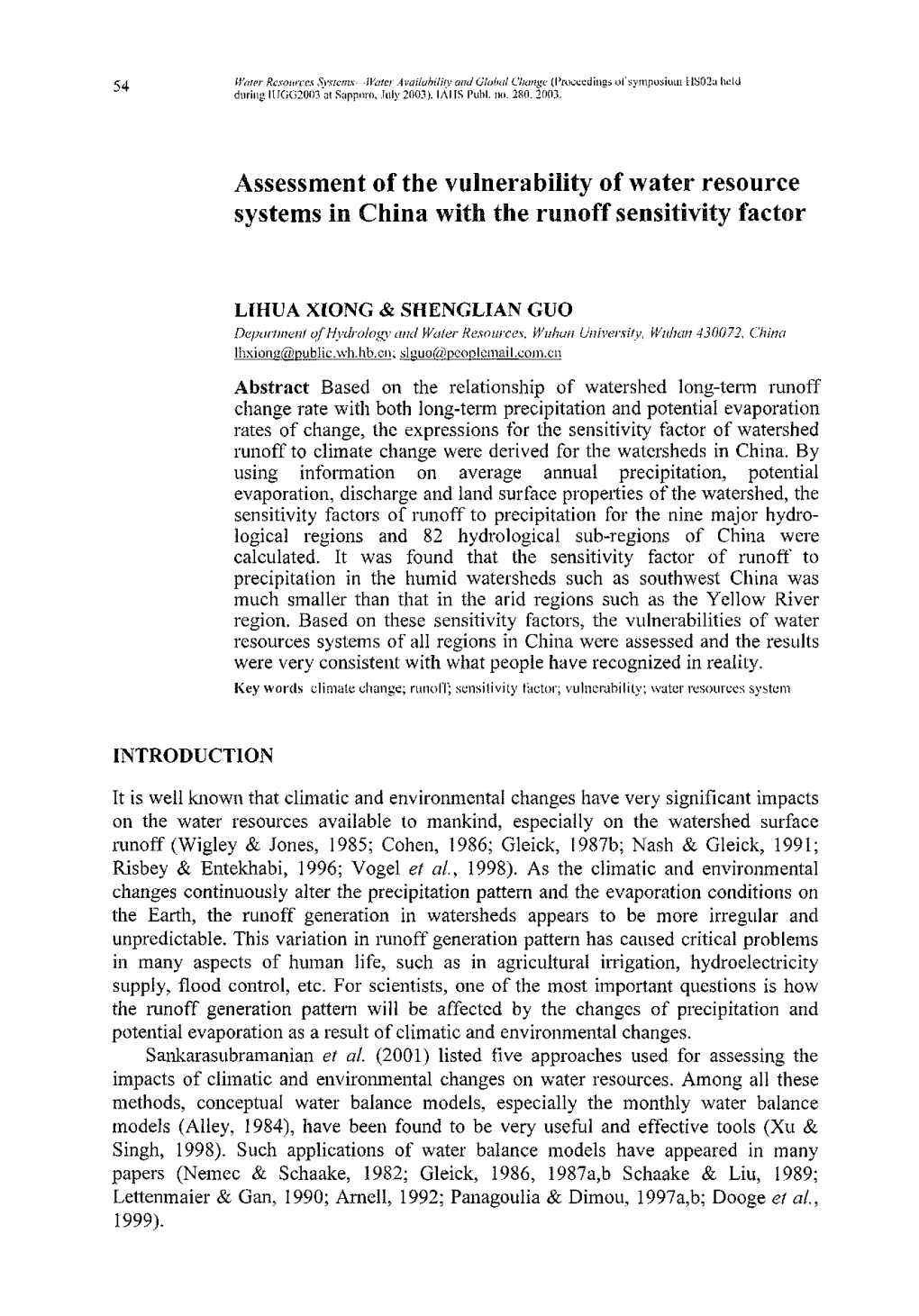 Assessment of the Vulnerability of Water Resource Systems in China with the Runoff Sensitivity Factor