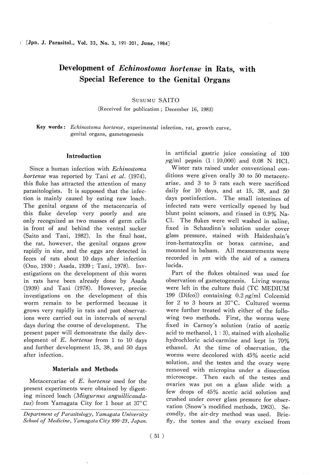 Development of Echinostoma Hortense in Rats, with Special Reference to the Genital Organs