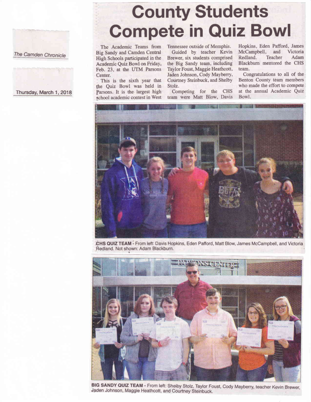 Gounty Students Compete in Quiz Bowl the Academic Teams from Tennessee Outside of Memphis