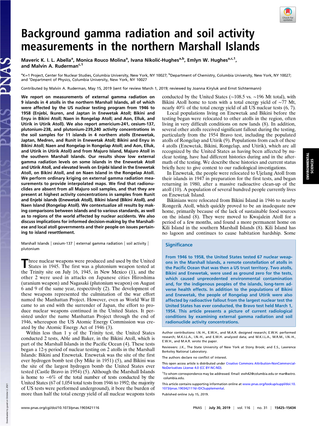 Background Gamma Radiation and Soil Activity Measurements in the Northern Marshall Islands