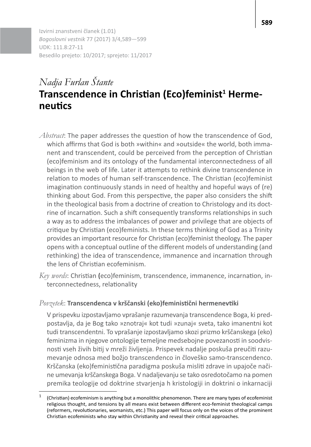 Transcendence in Christian (Eco)Feminist1 Herme- Neutics