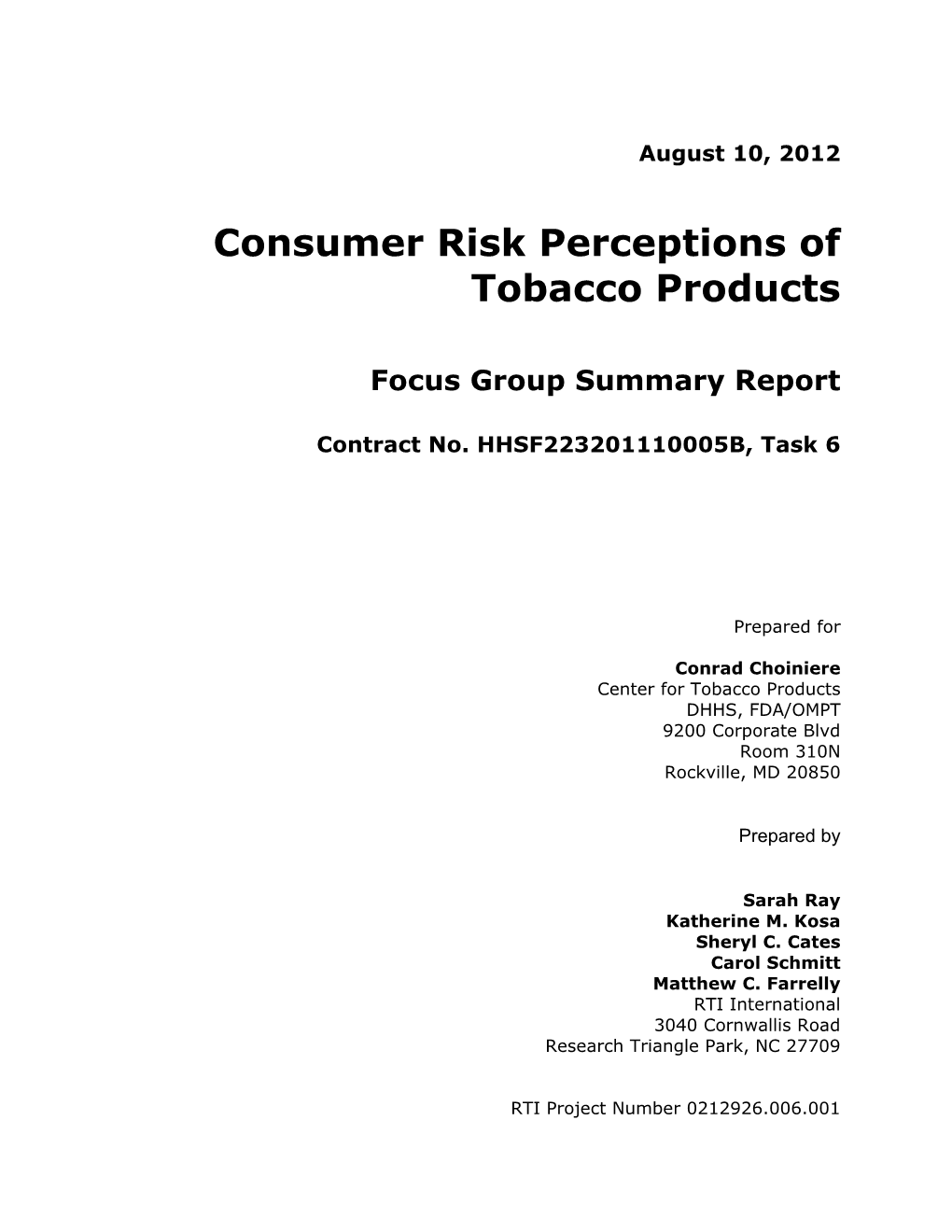 Consumer Risk Perceptions of Tobacco Products