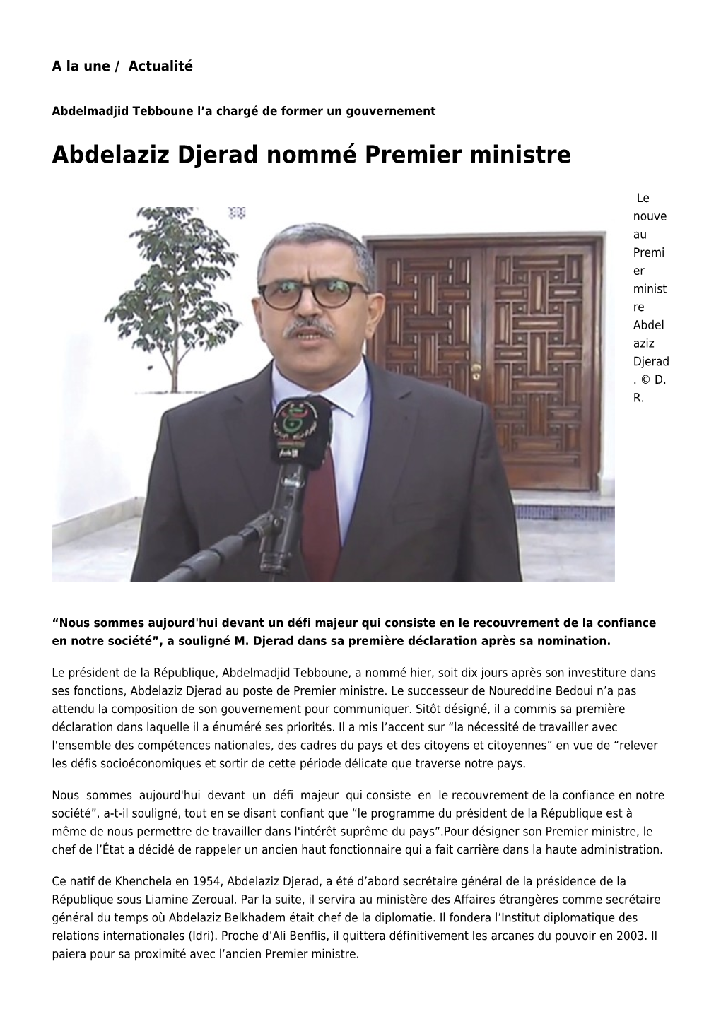 Abdelaziz Djerad Nommé Premier Ministre