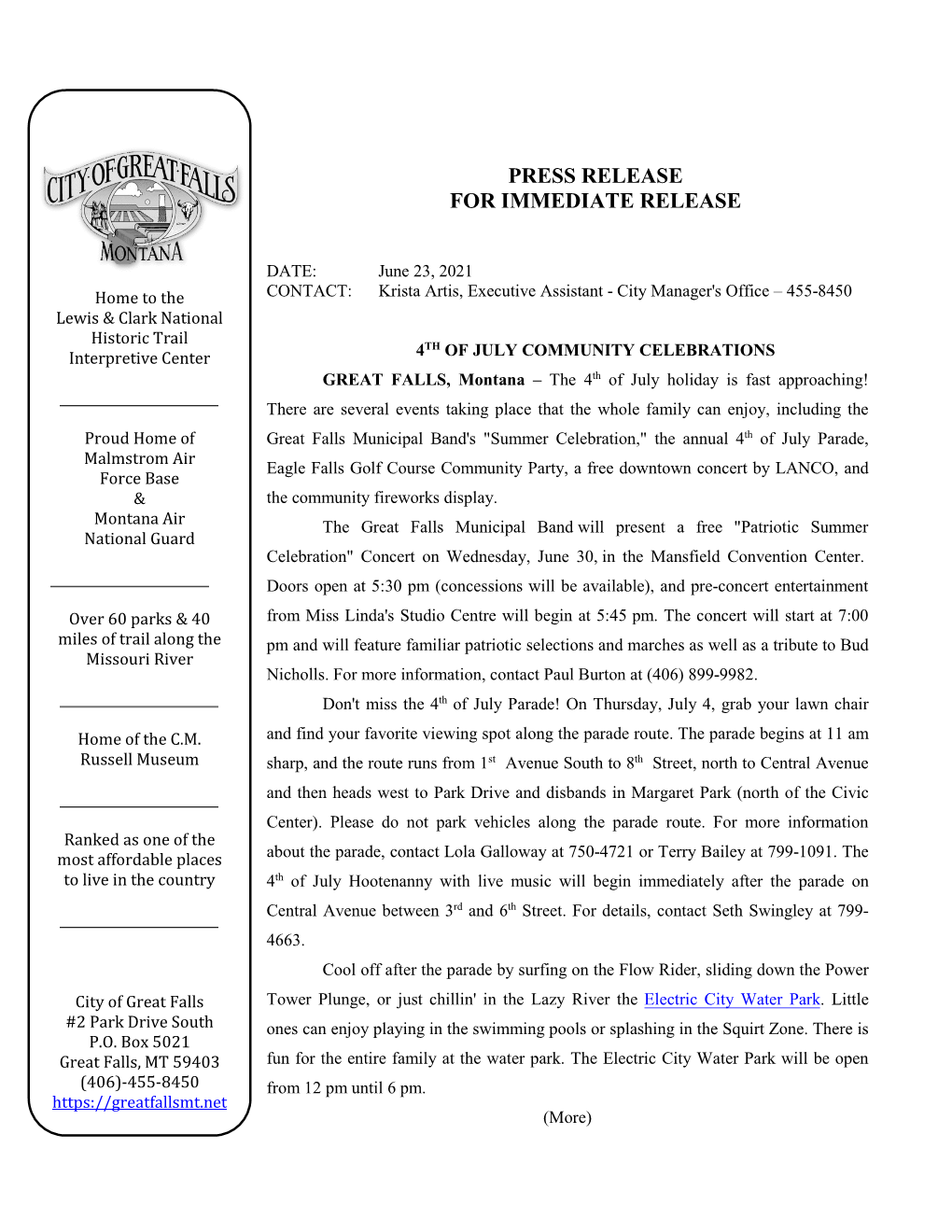 Press Release Template for City of Great Falls