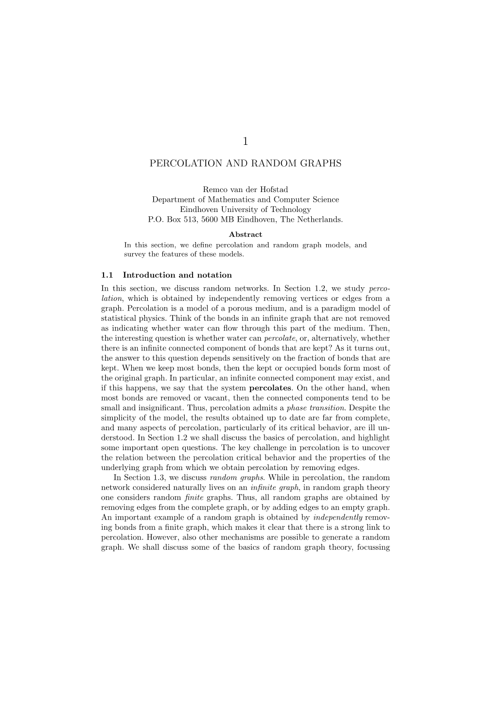 Percolation and Random Graphs