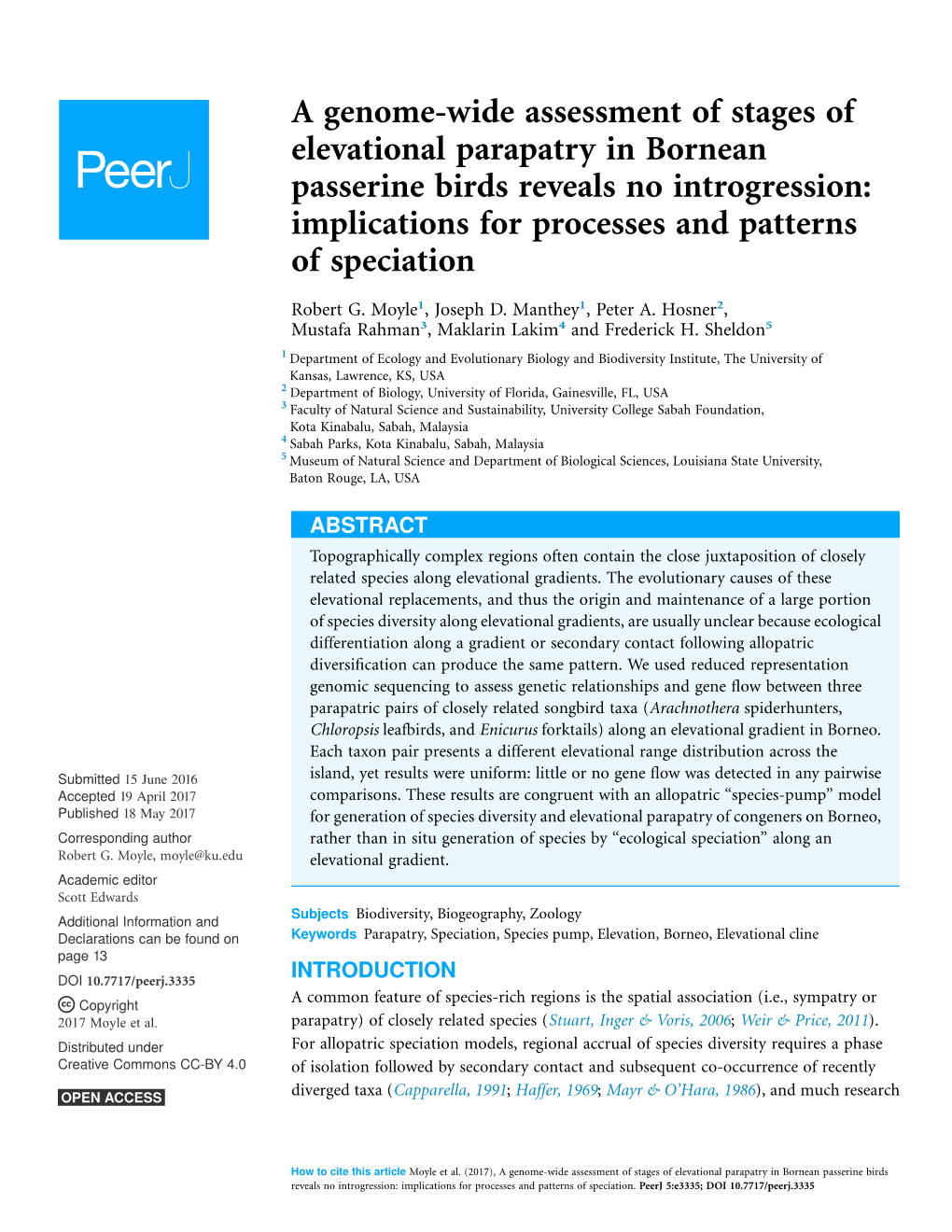 A Genome-Wide Assessment of Stages of Elevational Parapatry in Bornean Passerine Birds Reveals No Introgression: Implications for Processes and Patterns of Speciation