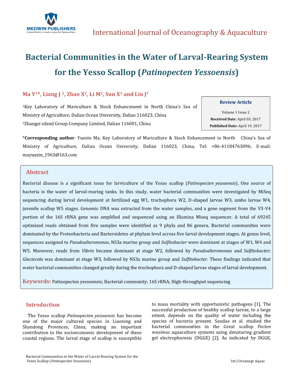 Bacterial Communities in the Water of Larval-Rearing System for the Yesso Scallop (Patinopecten Yessoensis)