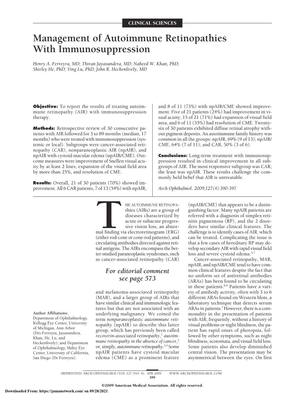 Management of Autoimmune Retinopathies with Immunosuppression