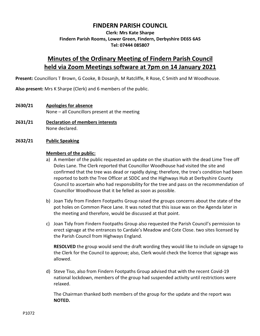 Minutes of the Ordinary Meeting of Findern Parish Council Held Via Zoom Meetings Software at 7Pm on 14 January 2021