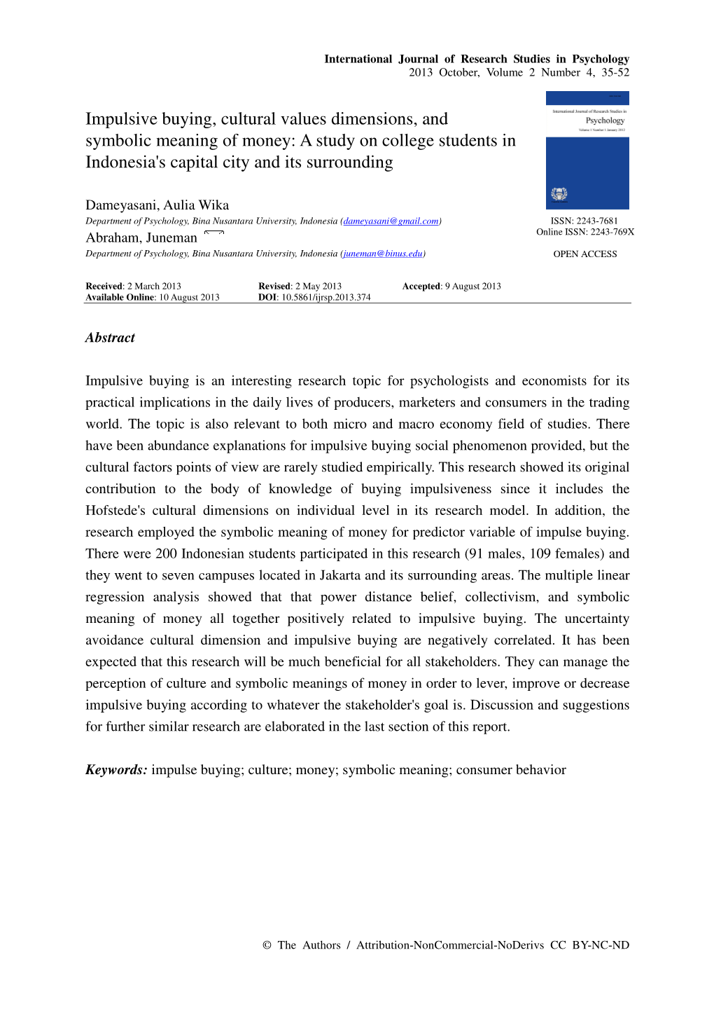 Impulsive Buying, Cultural Values Dimensions, and Symbolic Meaning of Money: a Study on College Students in Indonesia's Capital City and Its Surrounding