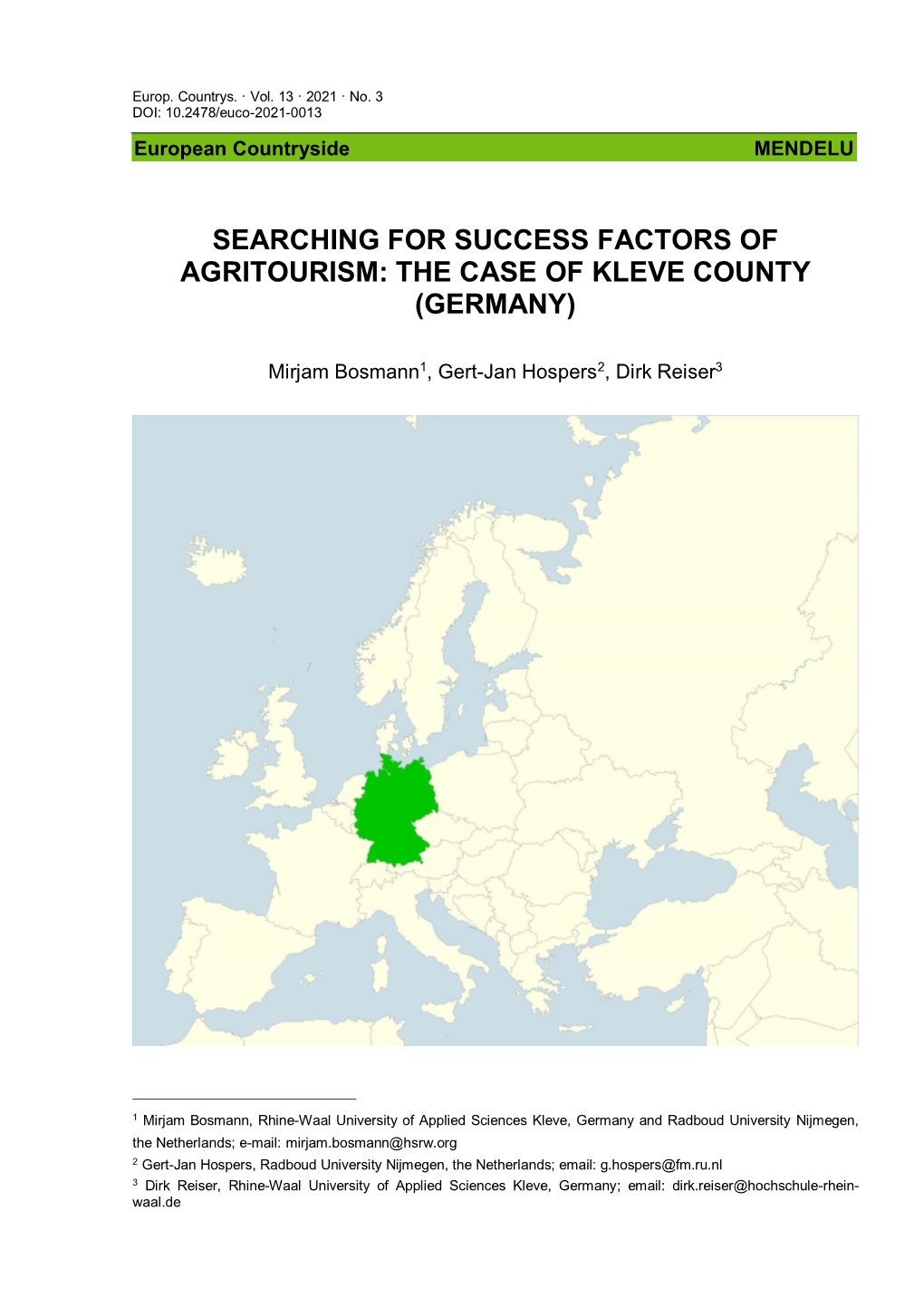 Searching for Success Factors of Agritourism: the Case of Kleve County (Germany)