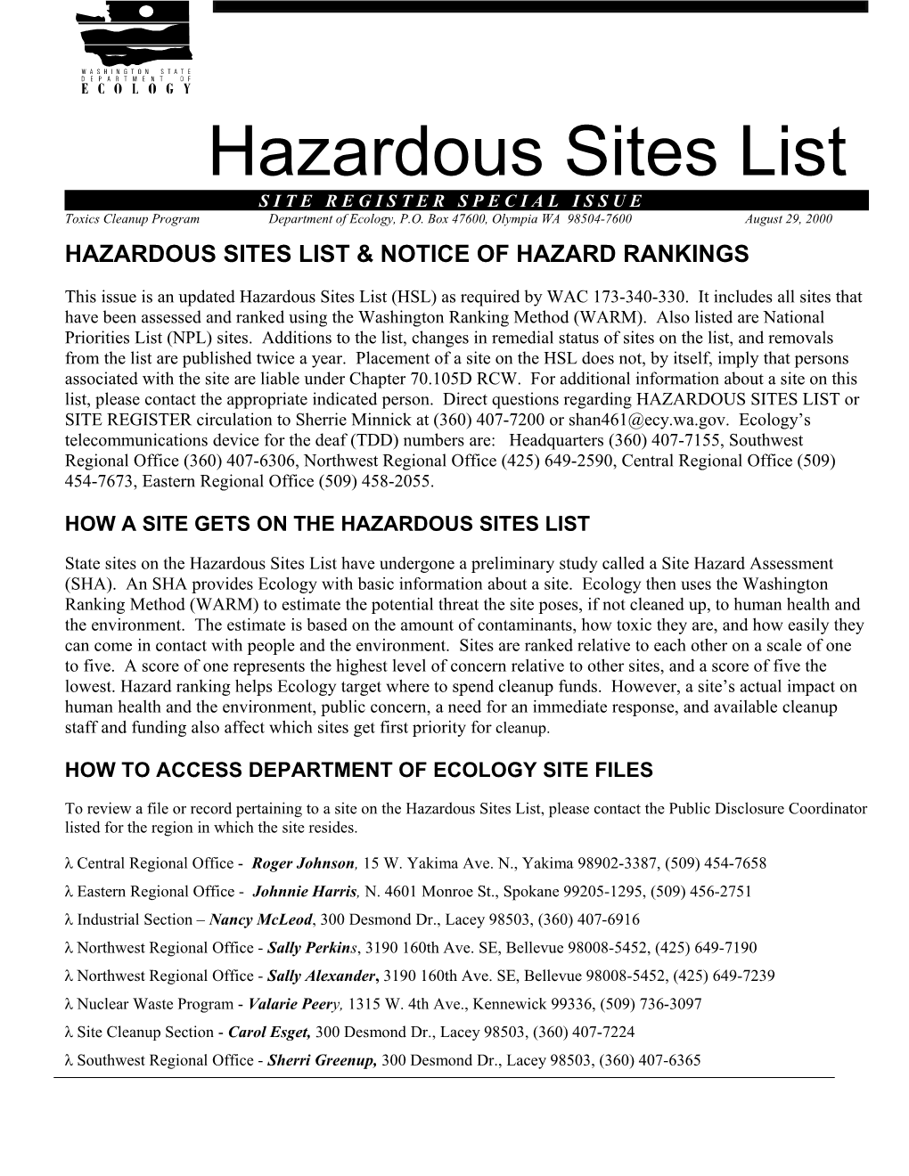 Hazardous Sites List & Notice of Hazard Rankings