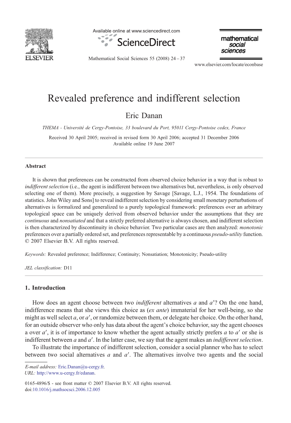 Revealed Preference and Indifferent Selection Eric Danan