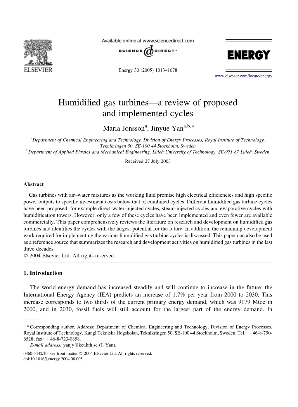 Humidified Gas Turbines—A Review of Proposed and Implemented Cycles