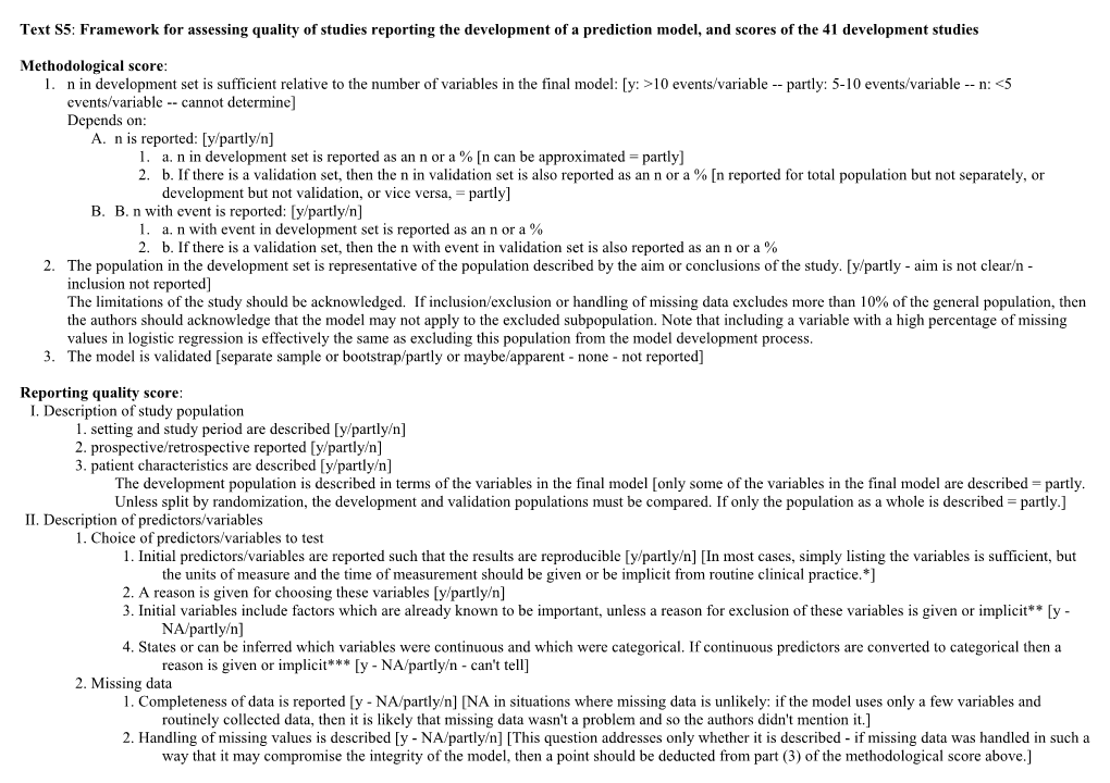 Text S4: Framework for Assessing Quality of Studies Reporting the Development of a Prediction