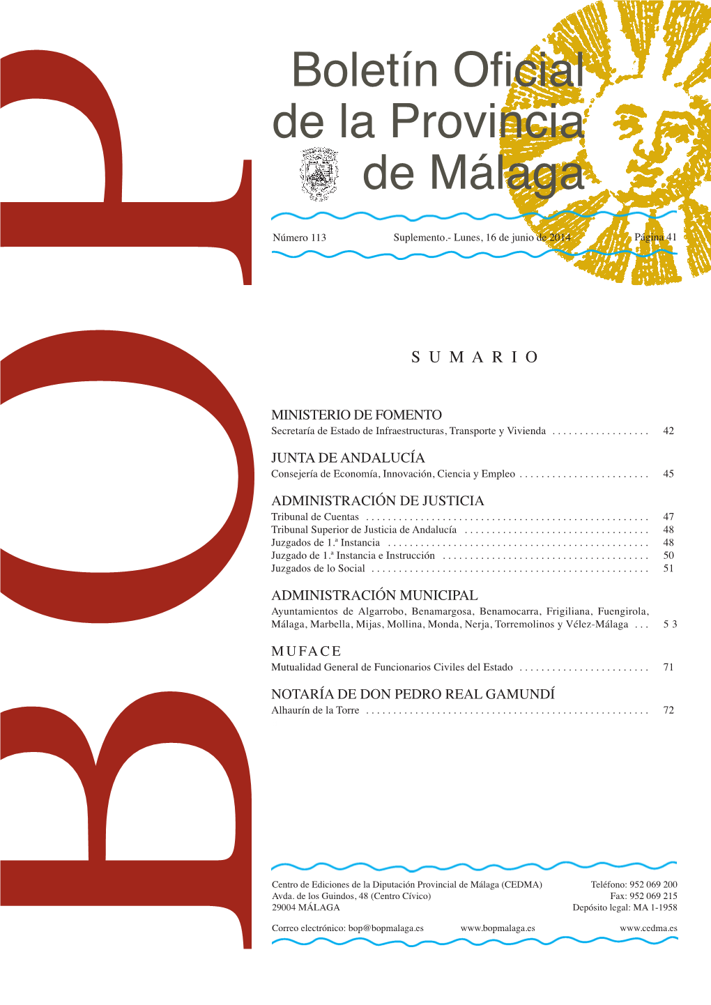 De La Provincia De Málaga Número 113 Suplemento.- Lunes, 16 De Junio De 2014 Página 41 # P