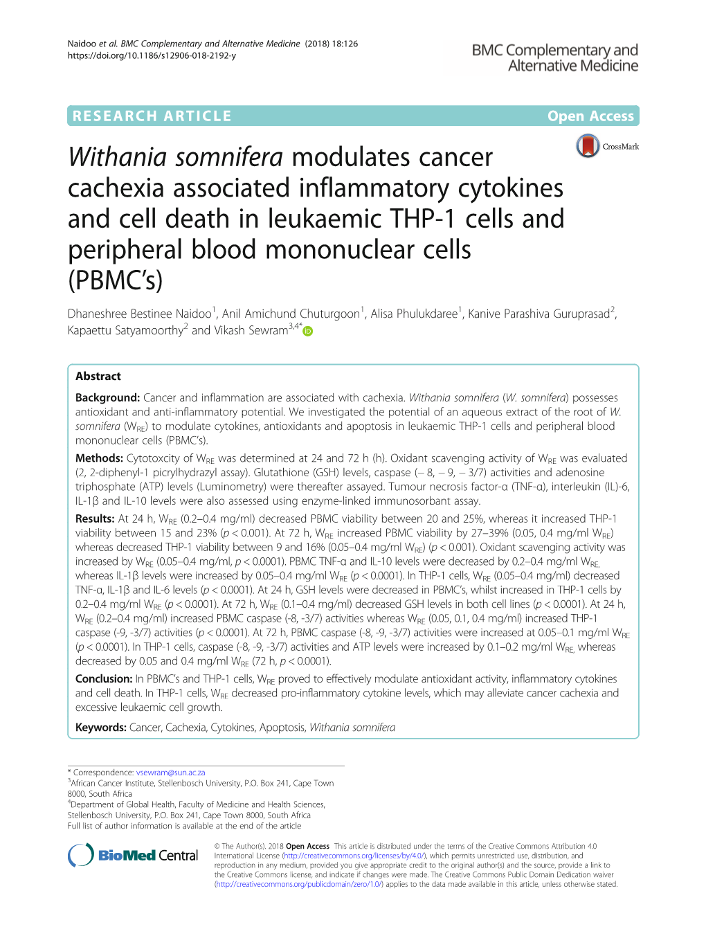 Withania Somnifera Modulates Cancer Cachexia Associated Inflammatory