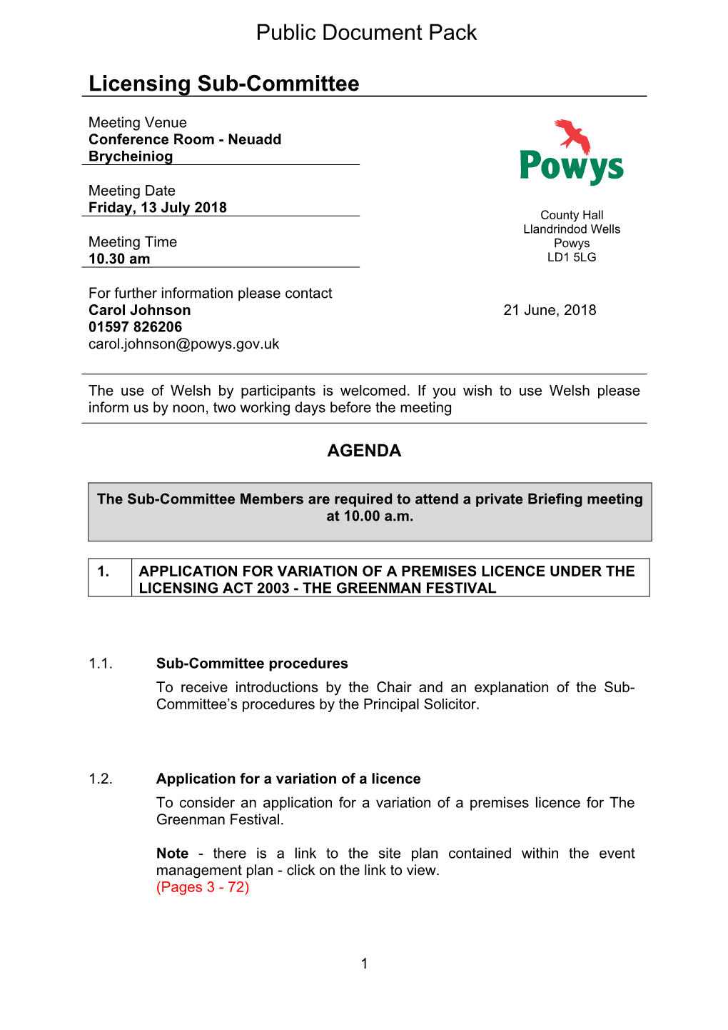 (Public Pack)Agenda Document for Licensing Sub-Committee, 13/07