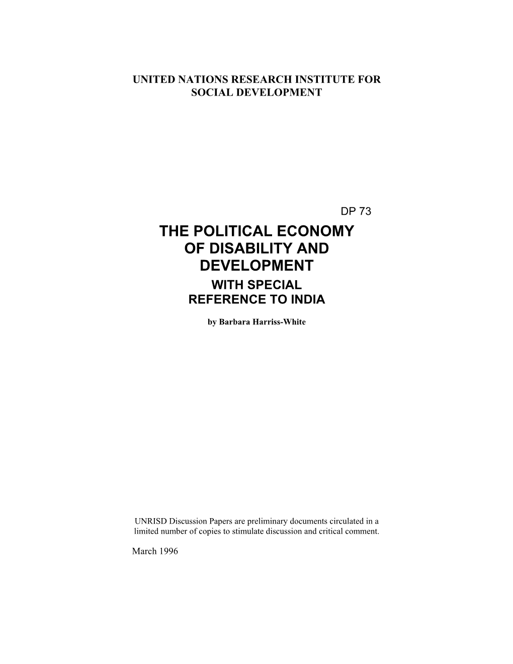 The Political Economy of Disability and Development with Special Reference to India