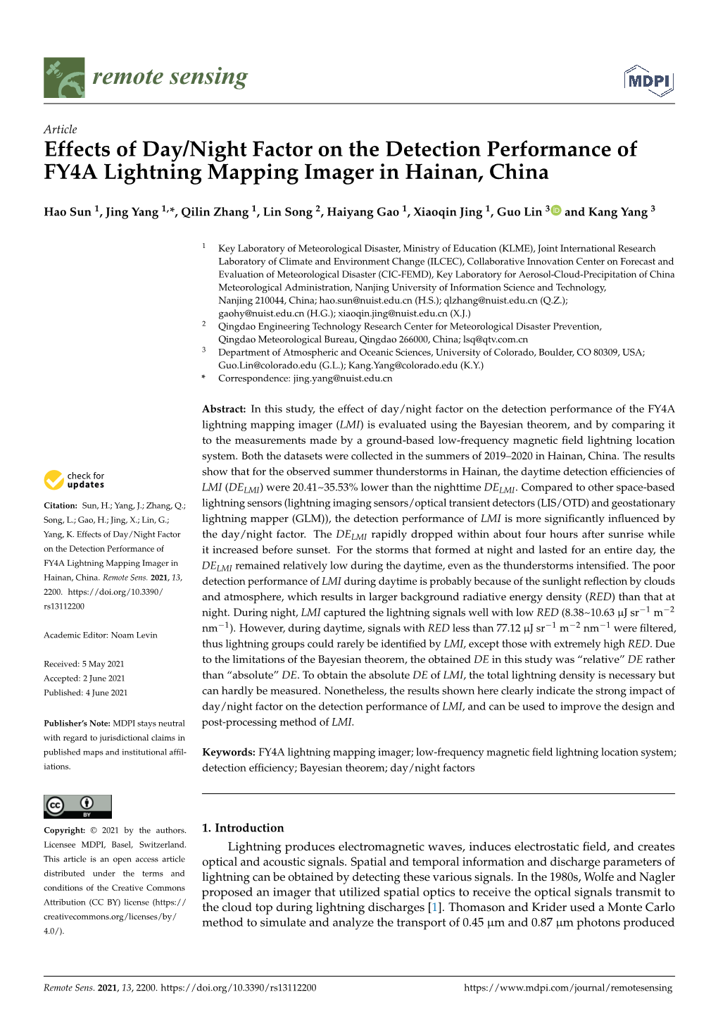 Effects of Day/Night Factor on the Detection Performance of FY4A Lightning Mapping Imager in Hainan, China