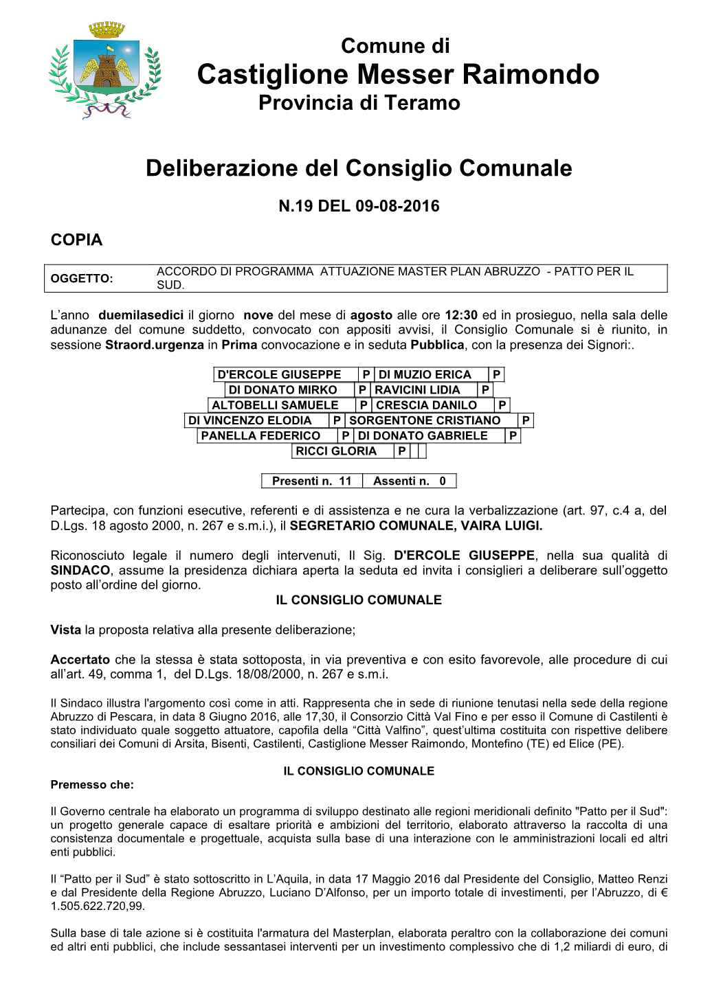 Page 1 Comune Di Castiglione Messer Raimondo Provincia Di