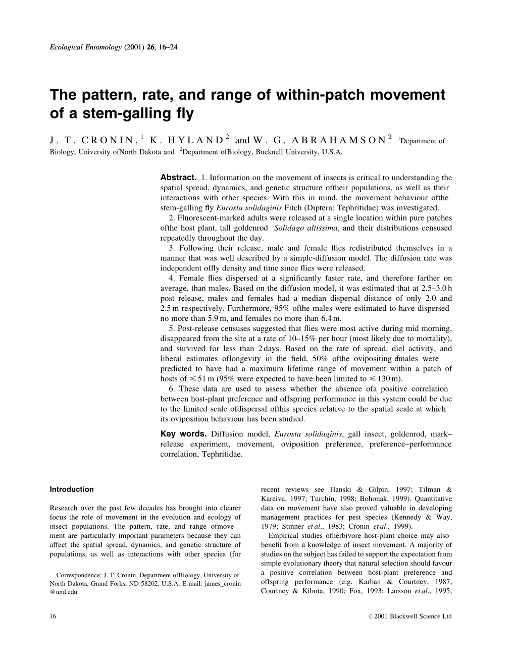 The Pattern, Rate, and Range of Within-Patch Movement of a Stem-Galling ¯Y