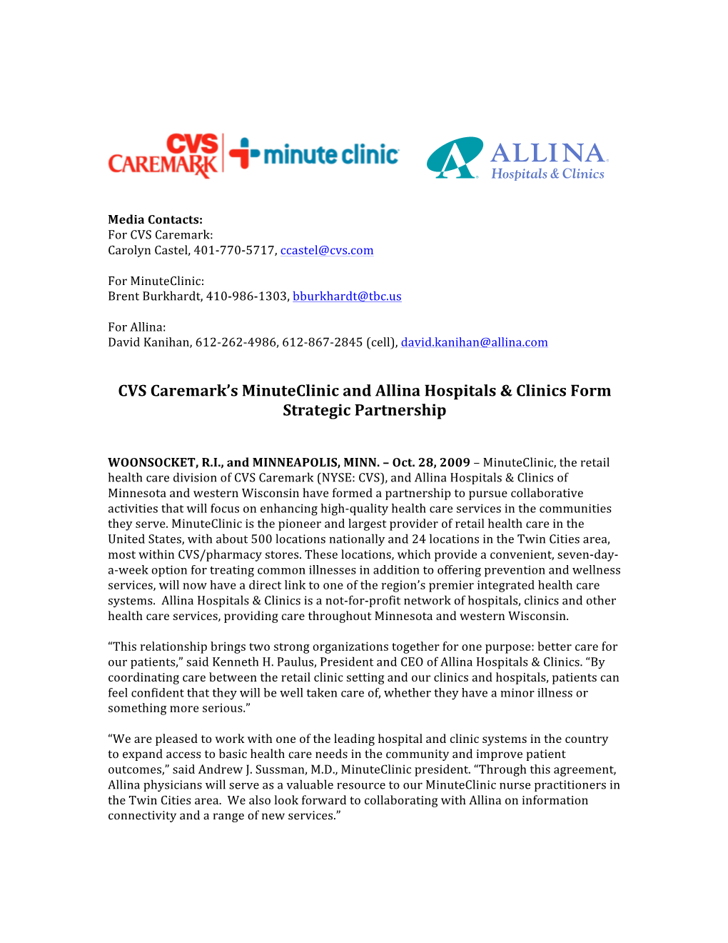 CVS Caremark's Minuteclinic and Allina Hospitals & Clinics Form