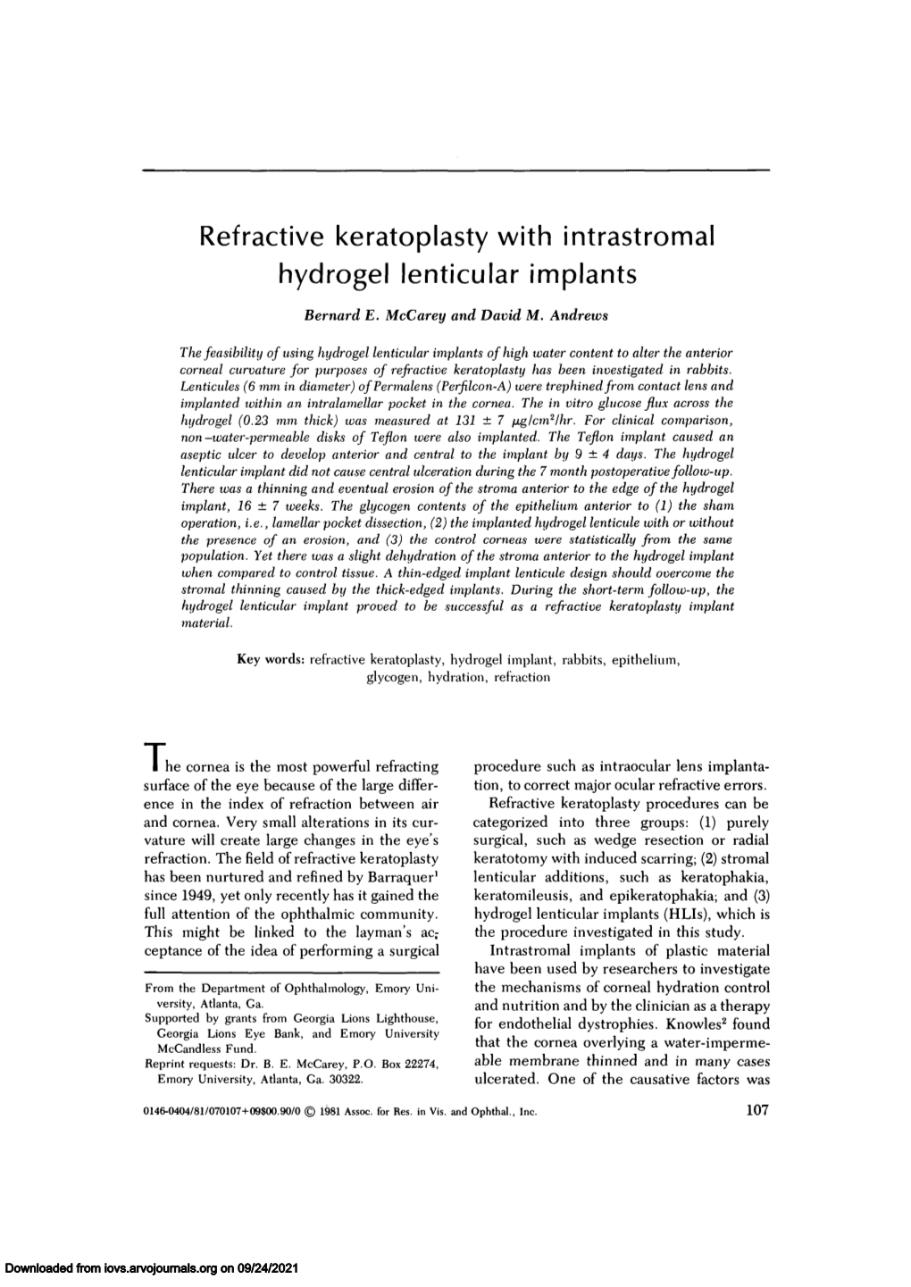 Refractive Keratoplasty with Intrastromal Hydrogel Lenticular Implants