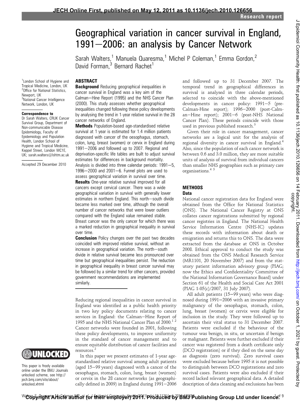 Geographical Variation in Cancer Survival in England, 1991E2006