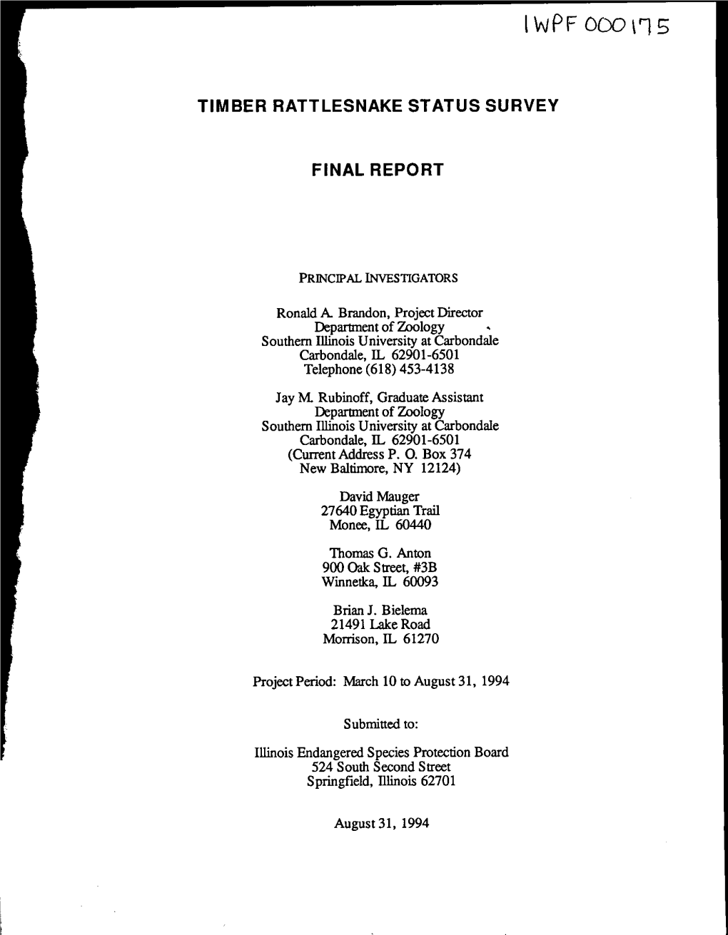 Timber Rattlesnake Status Survey Final Report