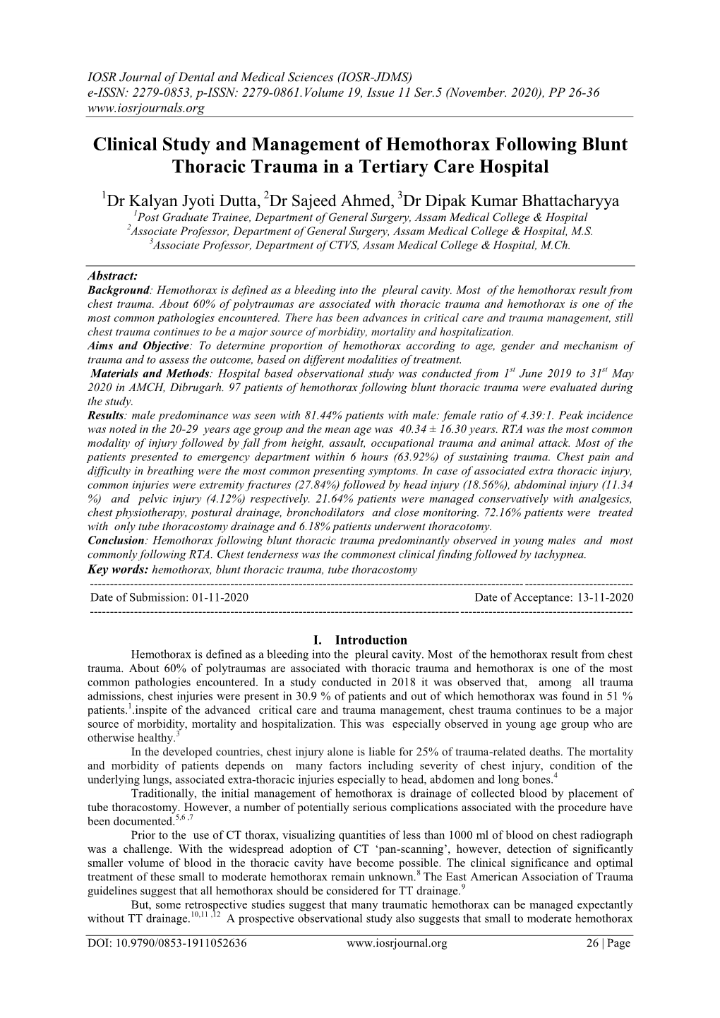 Clinical Study and Management of Hemothorax Following Blunt Thoracic Trauma in a Tertiary Care Hospital
