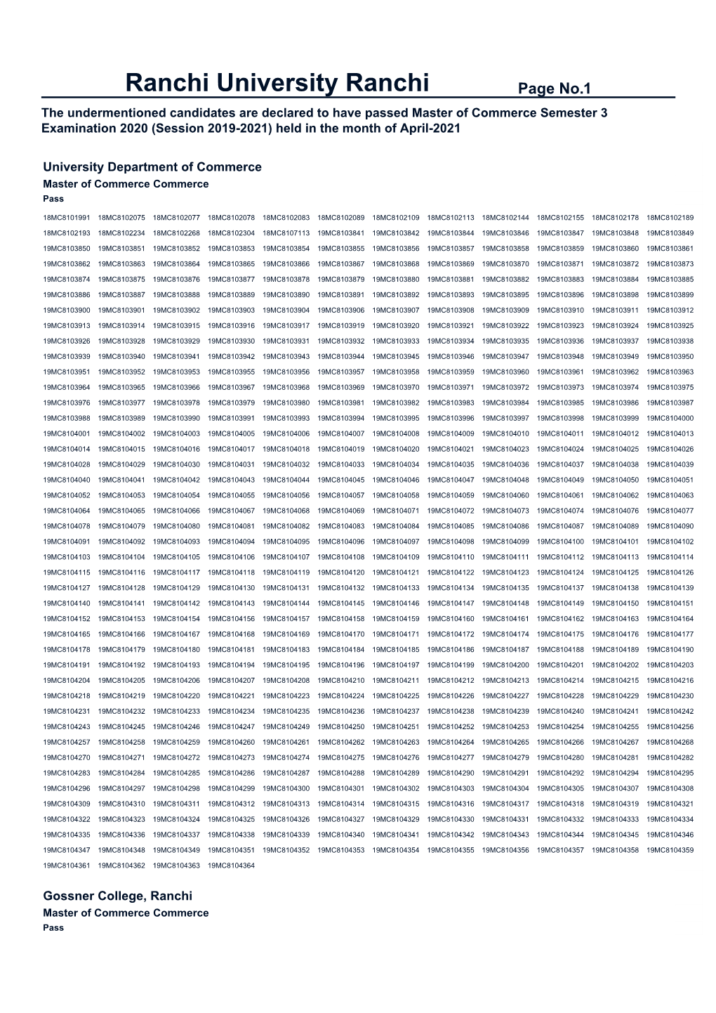 Result of M.Com Semester III Examination