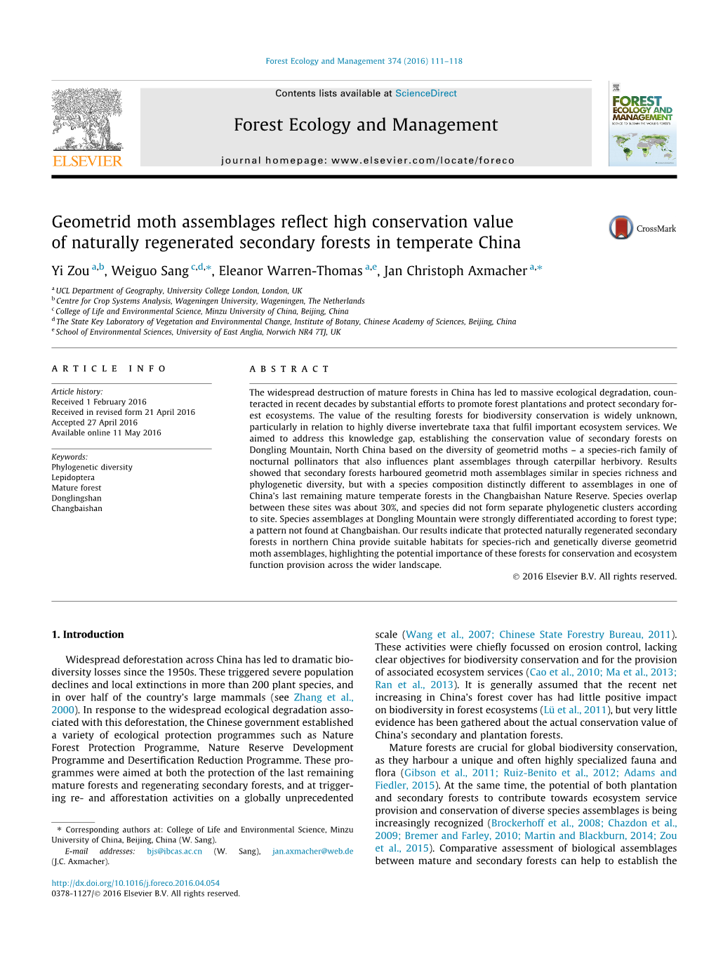 Geometrid Moth Assemblages Reflect High Conservation Value of Naturally Regenerated Secondary Forests in Temperate China