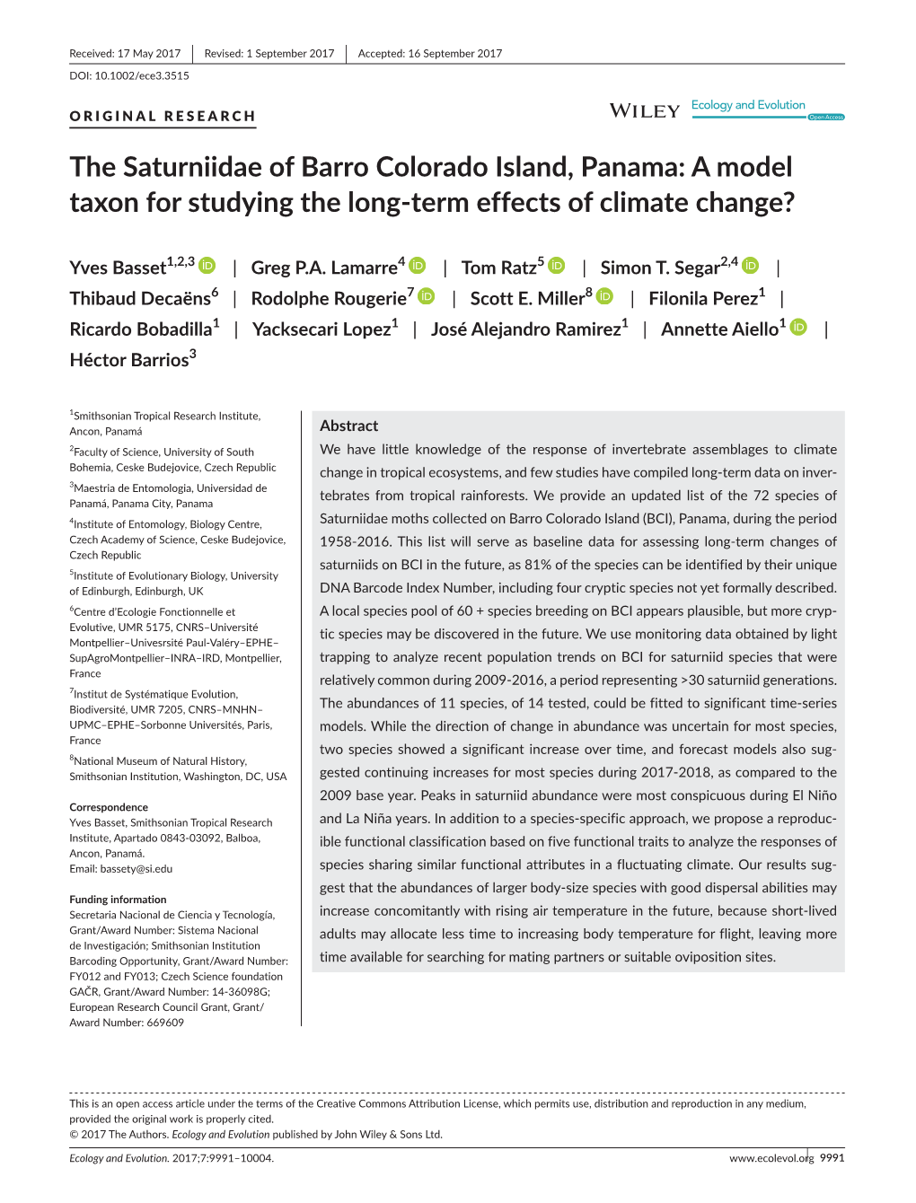 The Saturniidae of Barro Colorado Island, Panama: a Model Taxon for Studying the Long-­Term Effects of Climate Change?